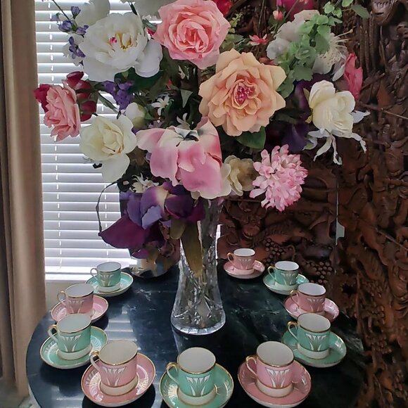 1941 Copeland Spode Custom Made Porcelain Demi-Tasse Pink Green Tea Set - Picture 2 of 16